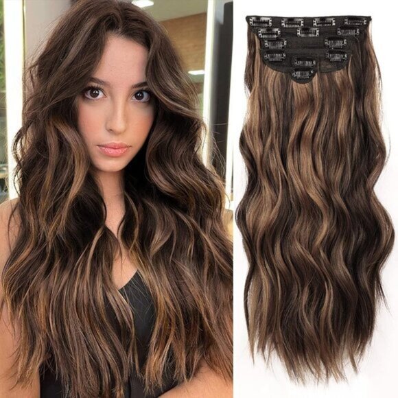6PCS 20" Wavy Curly Dark Brown Mix Chestnut Clip-In Hair Extensions for Women